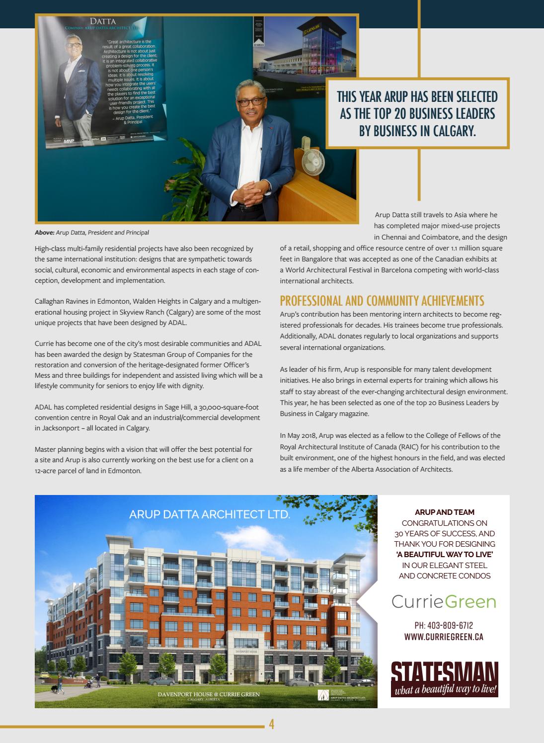 Business in Calgary Magazine - Business Profile for Arup Datta Architecture