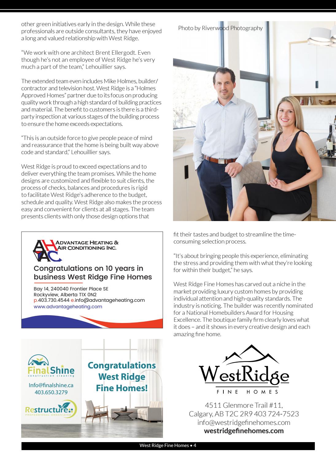 Business in Calgary Magazine - Business Profile for West Ridge Fine Homes